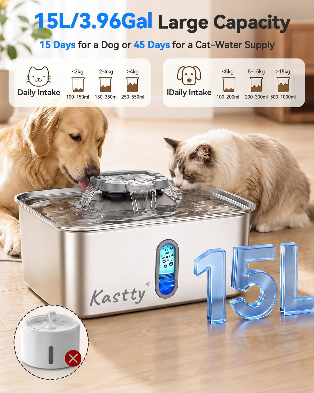Kastty 4Gal/15L Stainless Steel Dog Water Fountain for Large Multi-Pet