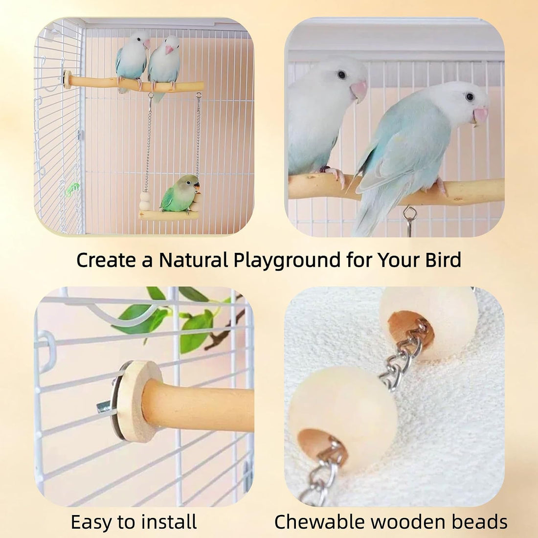 Bird Perch and Swing for Small Birds, Natural Wood Cage Accessories