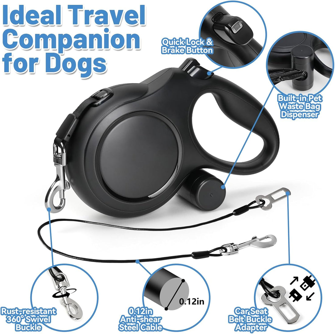 26ft Heavy Duty Retractable Dog Leash for Large Dogs with Poop Bag