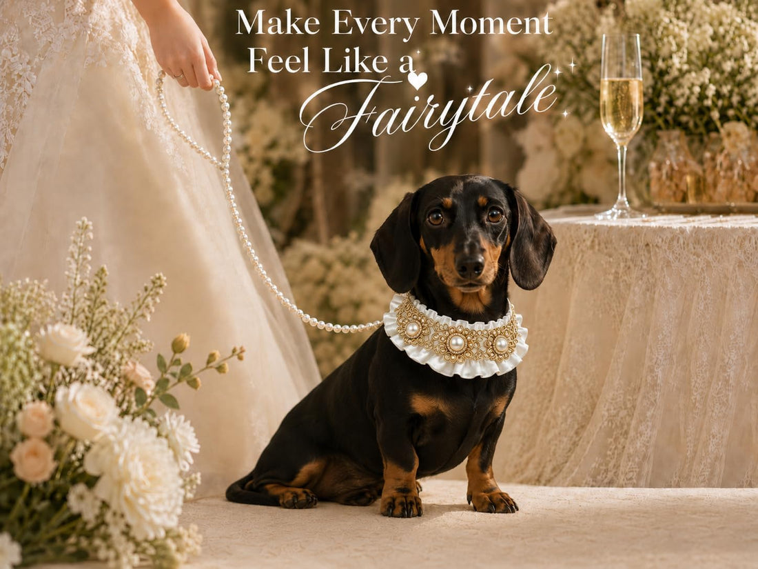Dog Wedding Collar & Pearl Leash Set for Small Dogs, Black Gold