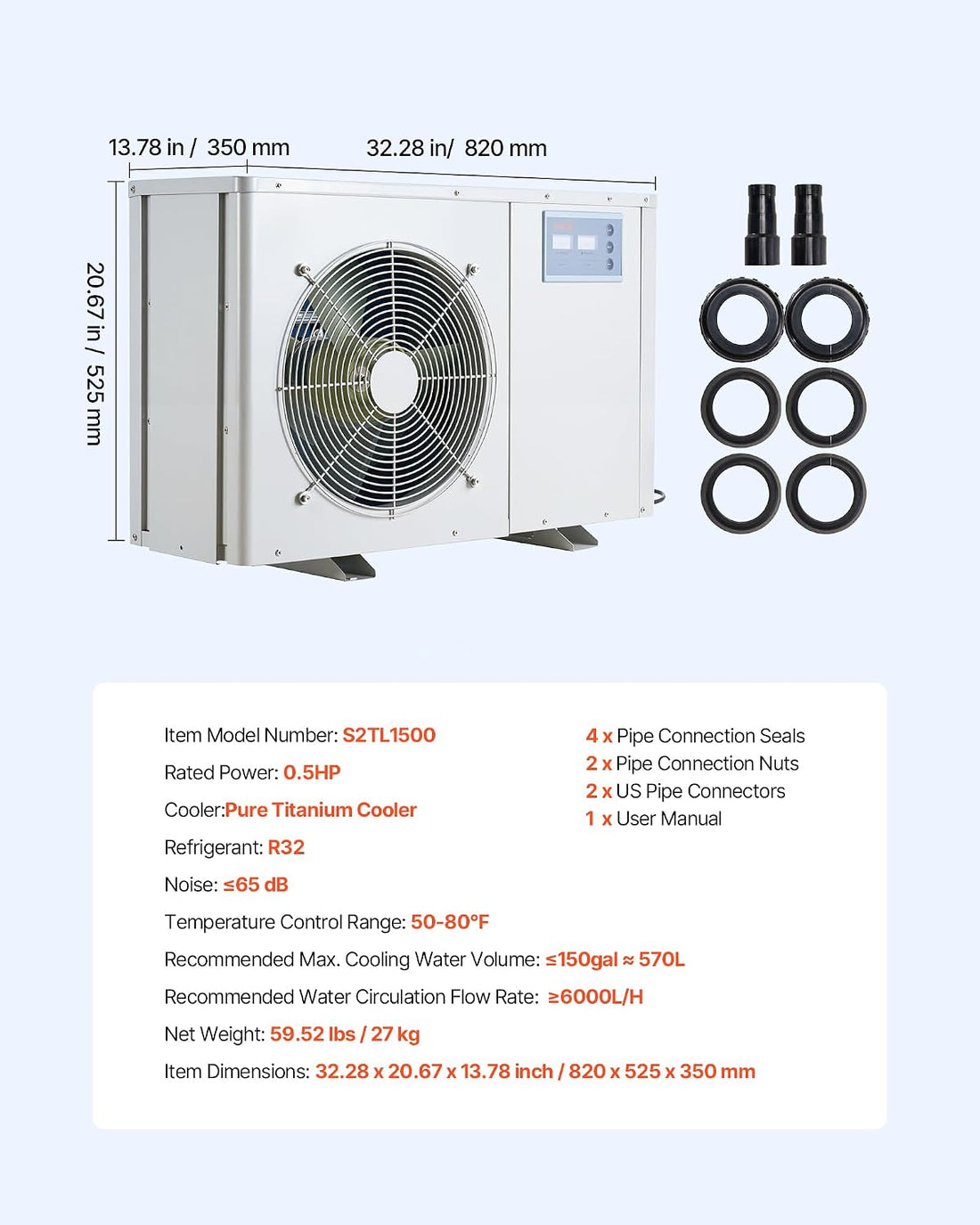 VEVOR Aquarium Chiller 150Gal 1/2HP Quiet Cooler with Titanium