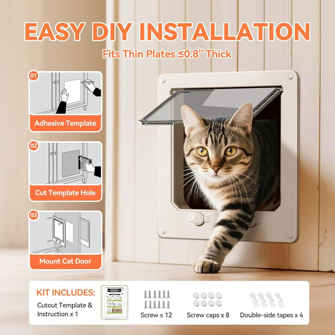 LIBBEPET Thin Interior Cat Door, 4 Way Locking Flap for Cats ≤18 lbs