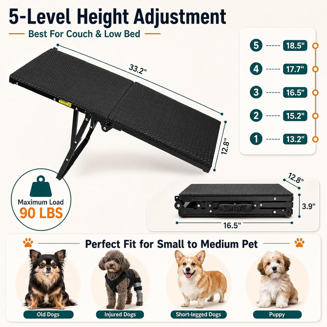 Dog Ramp for Bed Couch, 33.2" L x 12.8" W Pet Ramps for Small Dogs