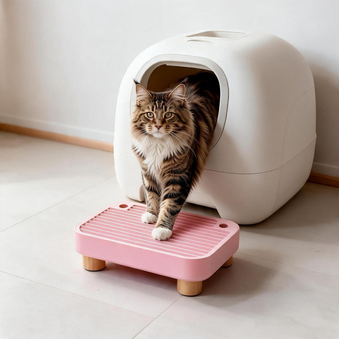 Litter Box Step Ramp Catcher with Wooden Base