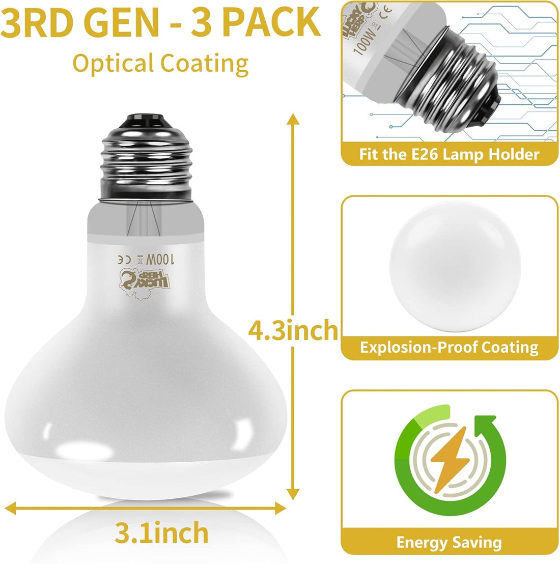 LUCKY HERP New Upgrade 3 Pack 100W Reptile Heat Lamp Bulb