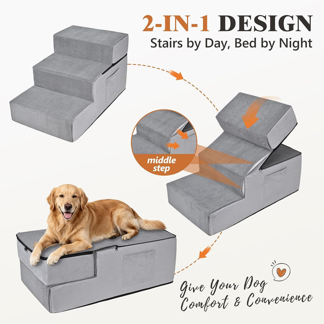 Dog Stairs for High Bed, Dual Reinforced Support Pet Steps for Large