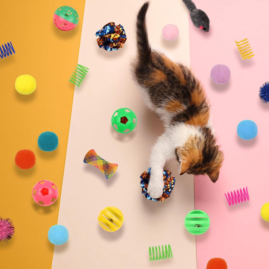 QUOZUO Kitten Toys, 60PCS Cat Balls Springs Toy Set, Cat Mouse Toy
