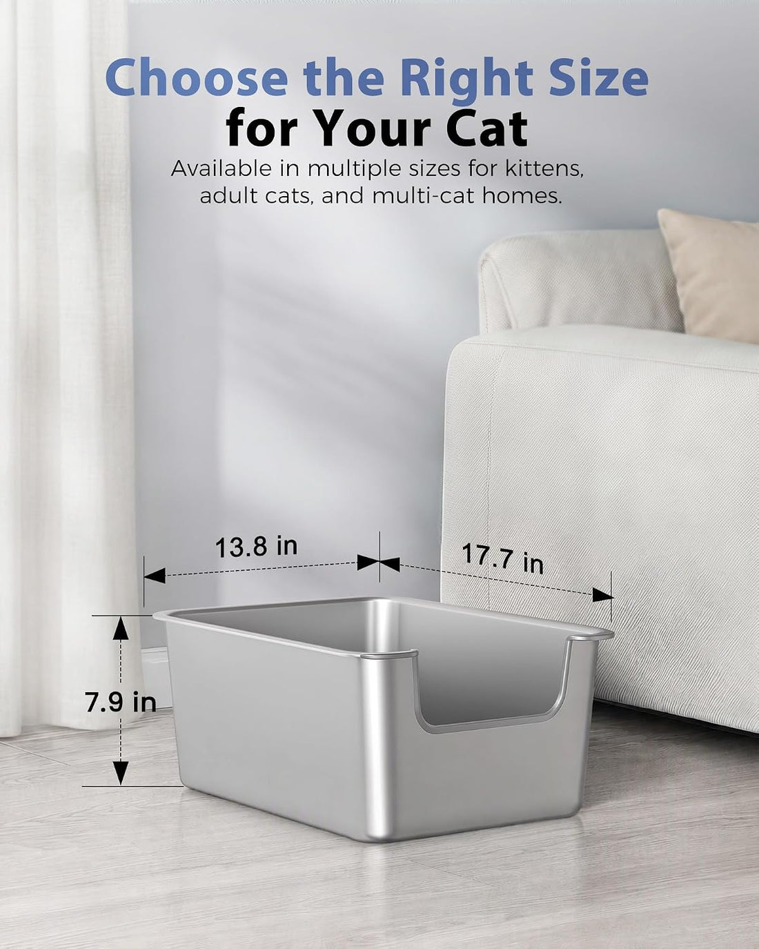 High-Sided Stainless Steel Cat Litter Box, Low Entry, Odor-Free