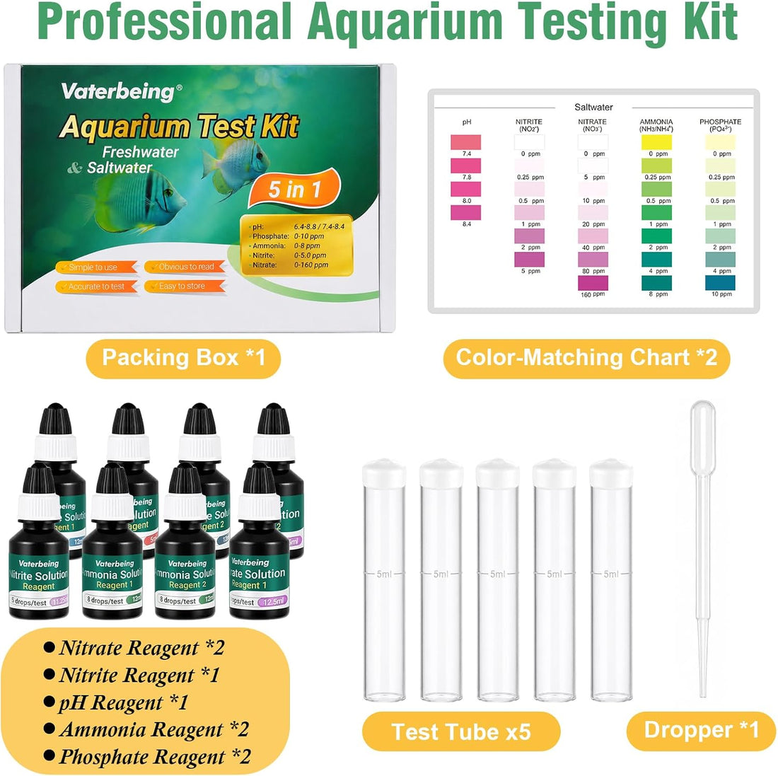 5 in 1 Aquarium Water Master Test Kit, Fish Tank Testing Kit