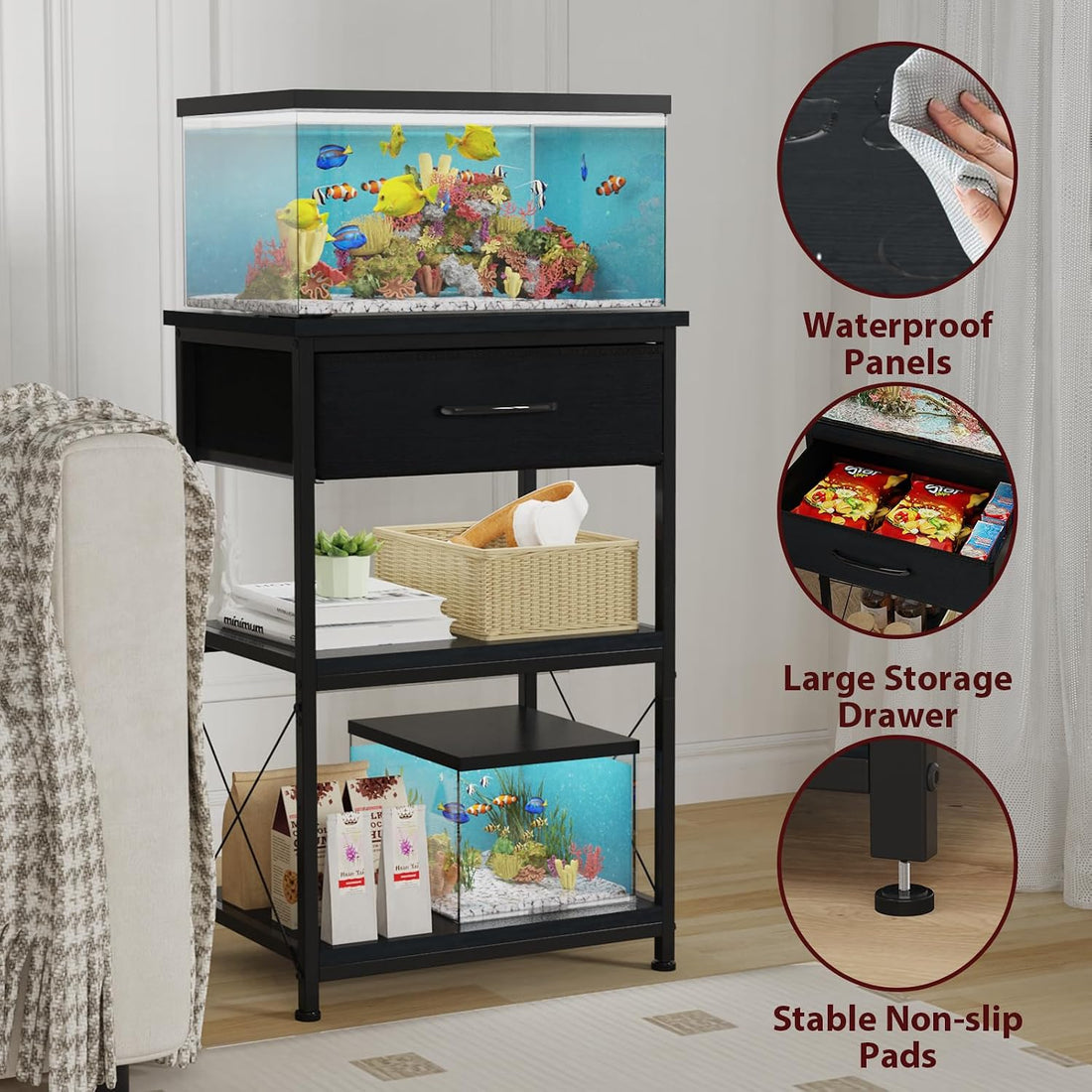 5-10 Gallon Fish Tank Stand with Adjustable Height and Drawer