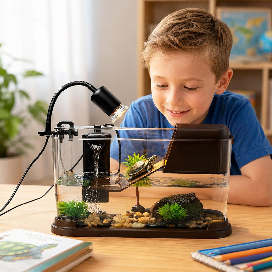 Turtle Tank Starter Kit, All-in-One PC Aquarium with Filter