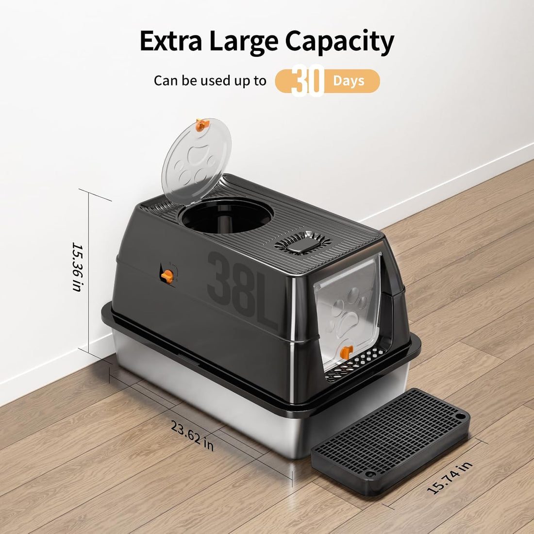 Stainless Steel Cat Litter Box with Removable Lid, XL Enclosed