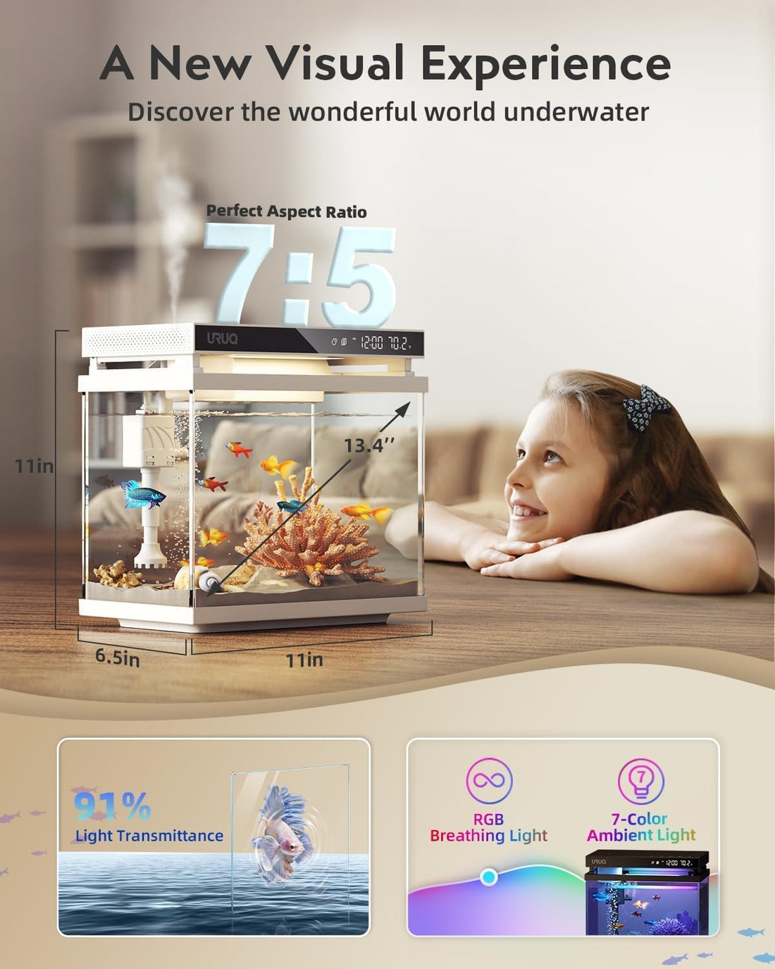 URUQ Fish Tank Smart Aquarium Kit 2 Gal UHD Glass Aroma Diffuser