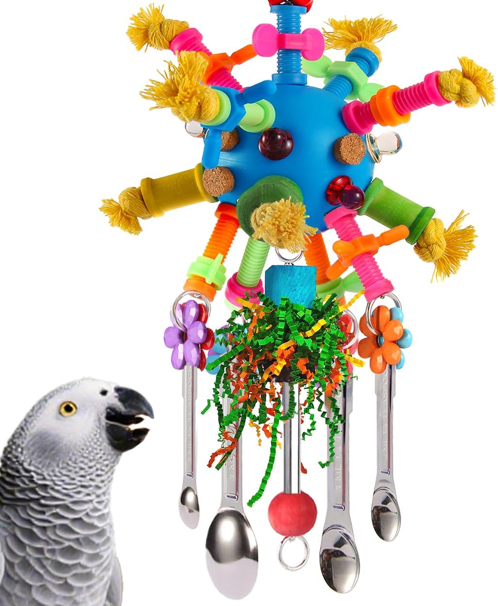 Parrot Toys Bird Toys Perch Pullable Stainless Steel Spoons Colorful