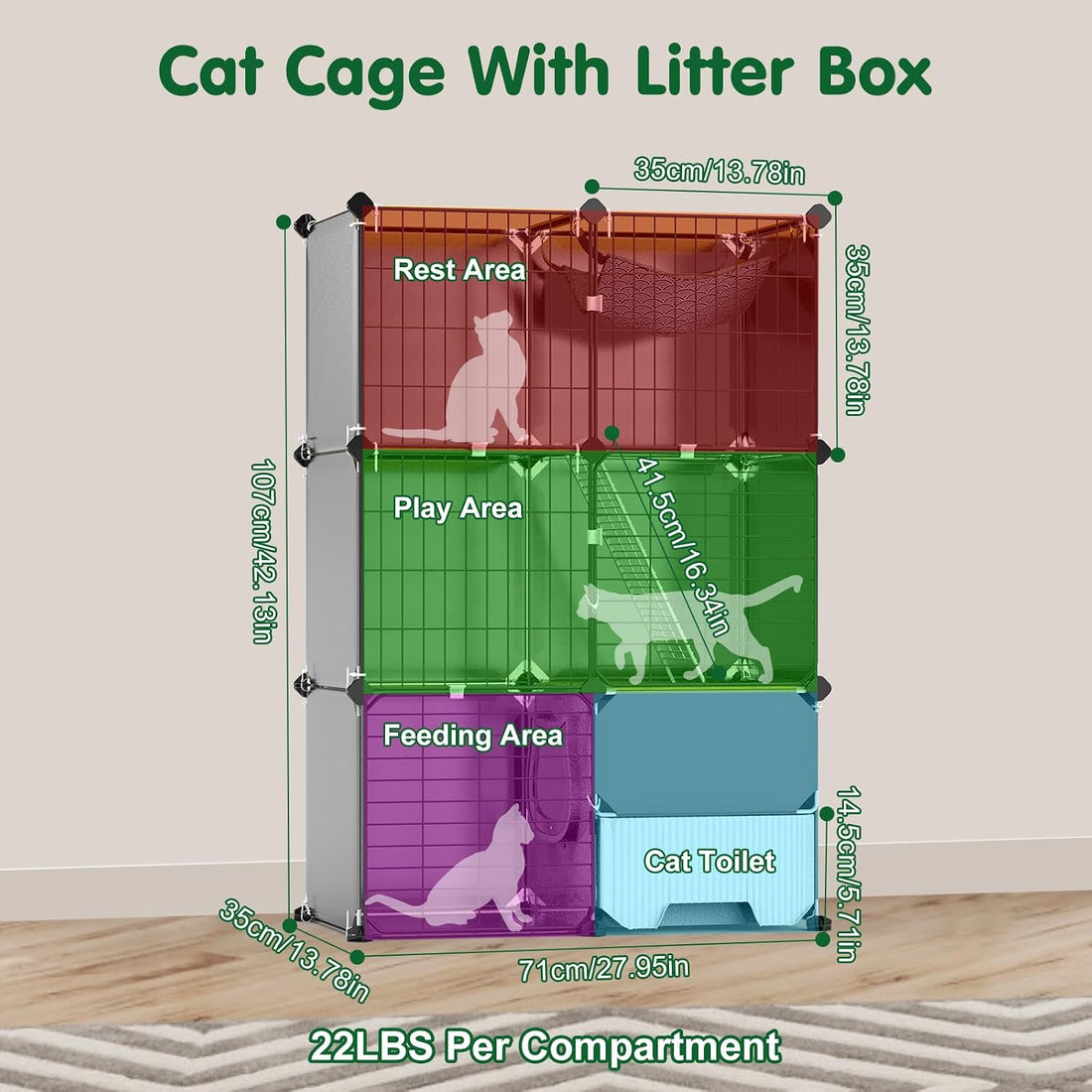 Cat Cage with Litter Box Hammock Ladders