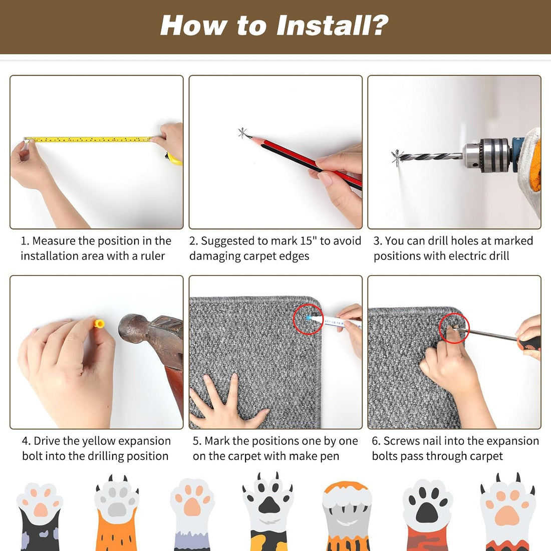 FHTONGE 71x15.8" Thickened Cat Wall Climbing Carpet with 16 Fixed
