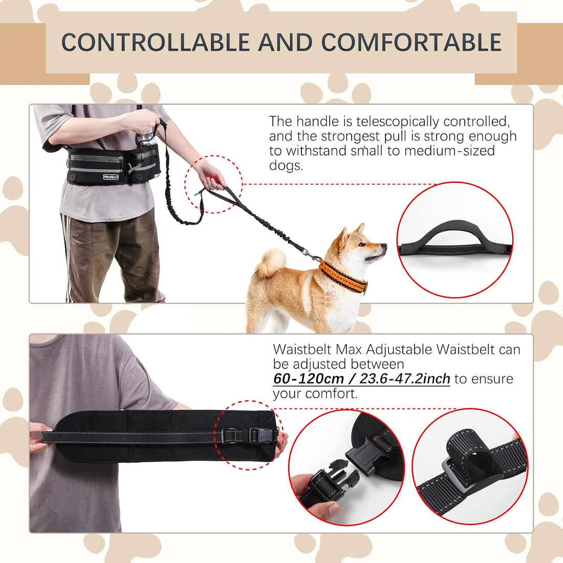 Heellpxi Dog Leash with Waist Belt, Reflective Stitching, Dual Handles