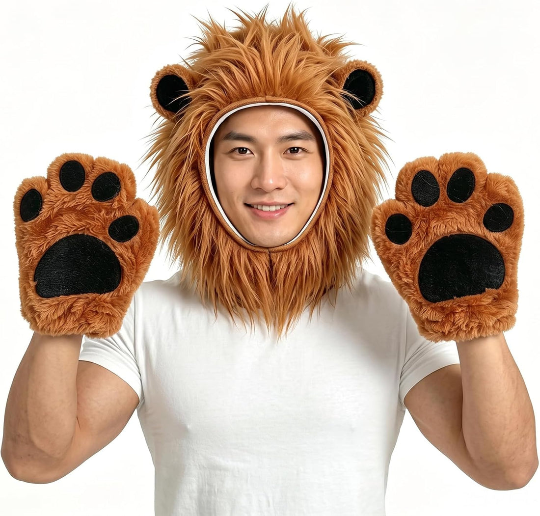 Lion Costume Accessory Set, Plush Lion Mane Hood with Paw Gloves