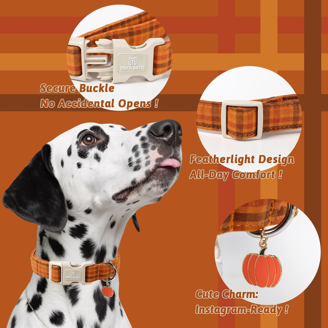 Maca Bates Fall Plaid Dog Collar,Pumpkin Charm,Small for Girl,BoyDogs