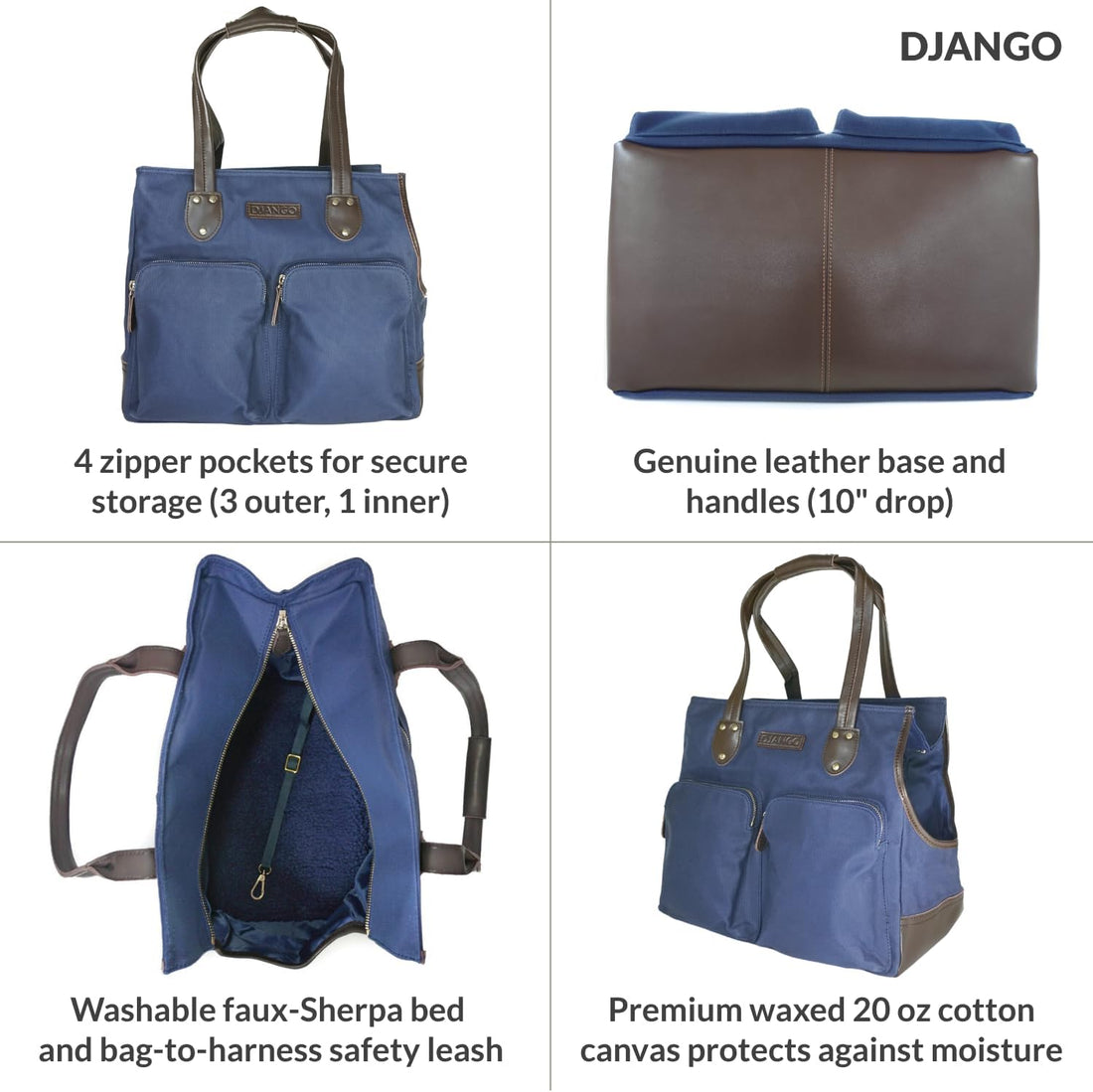 DJANGO Dog Carrier Tote Bag for Small Dogs, Supportive Base - Navy