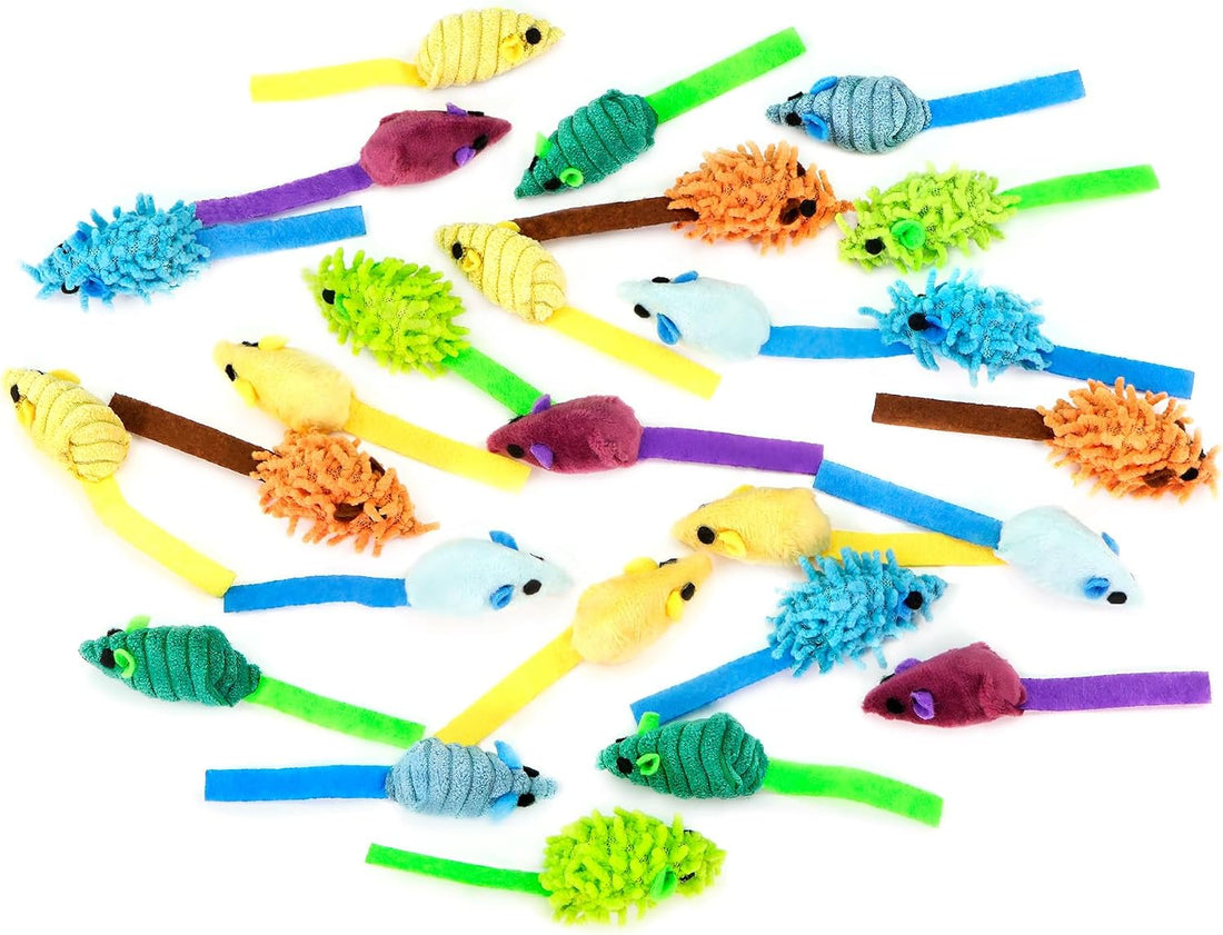 CHIWAVA 27PCS 2" Striped Shaggy Cat Toy Mice with Rattle Assorted