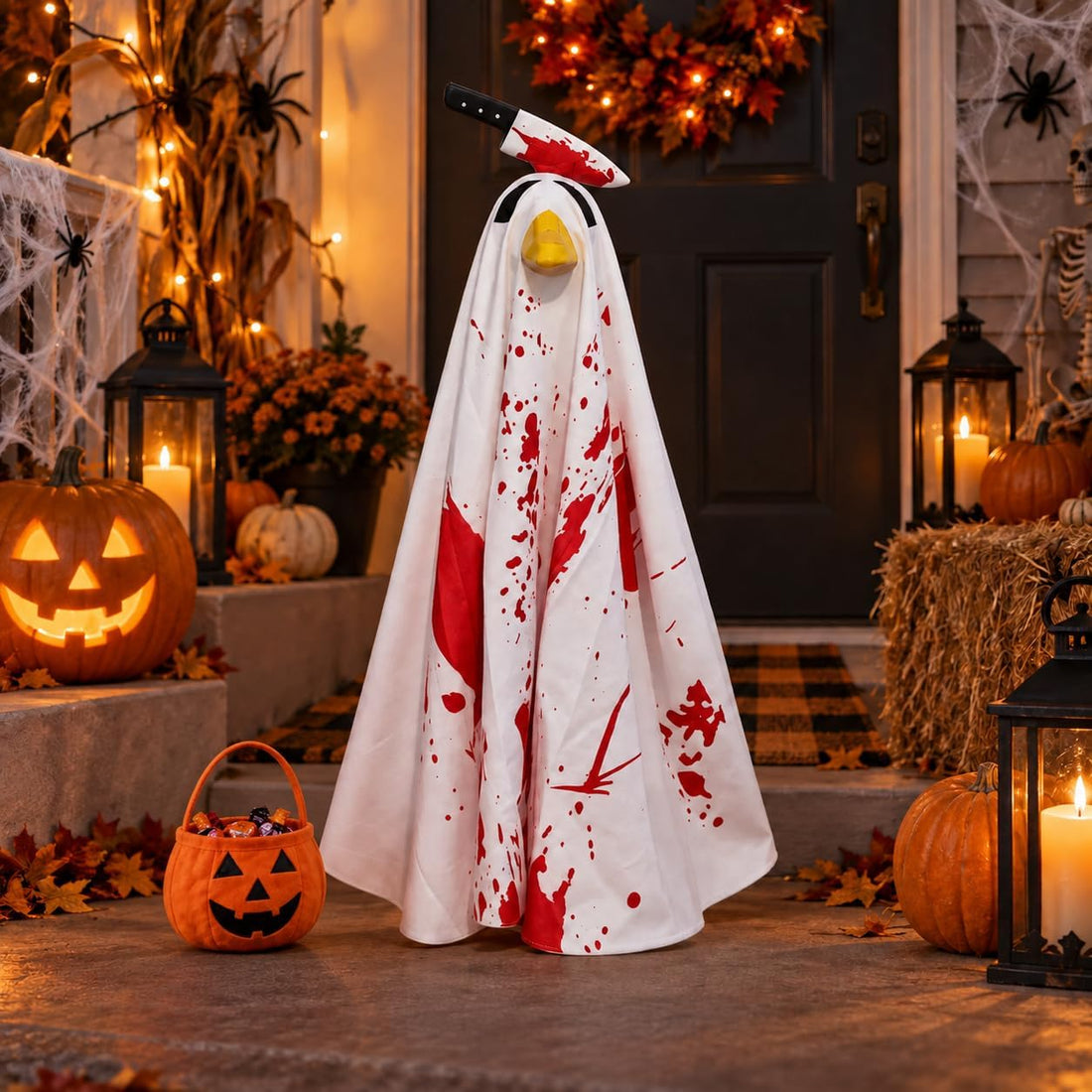 Halloween Porch Goose Outfit Bloody Ghost Pumpkin for Outdoor Lawn