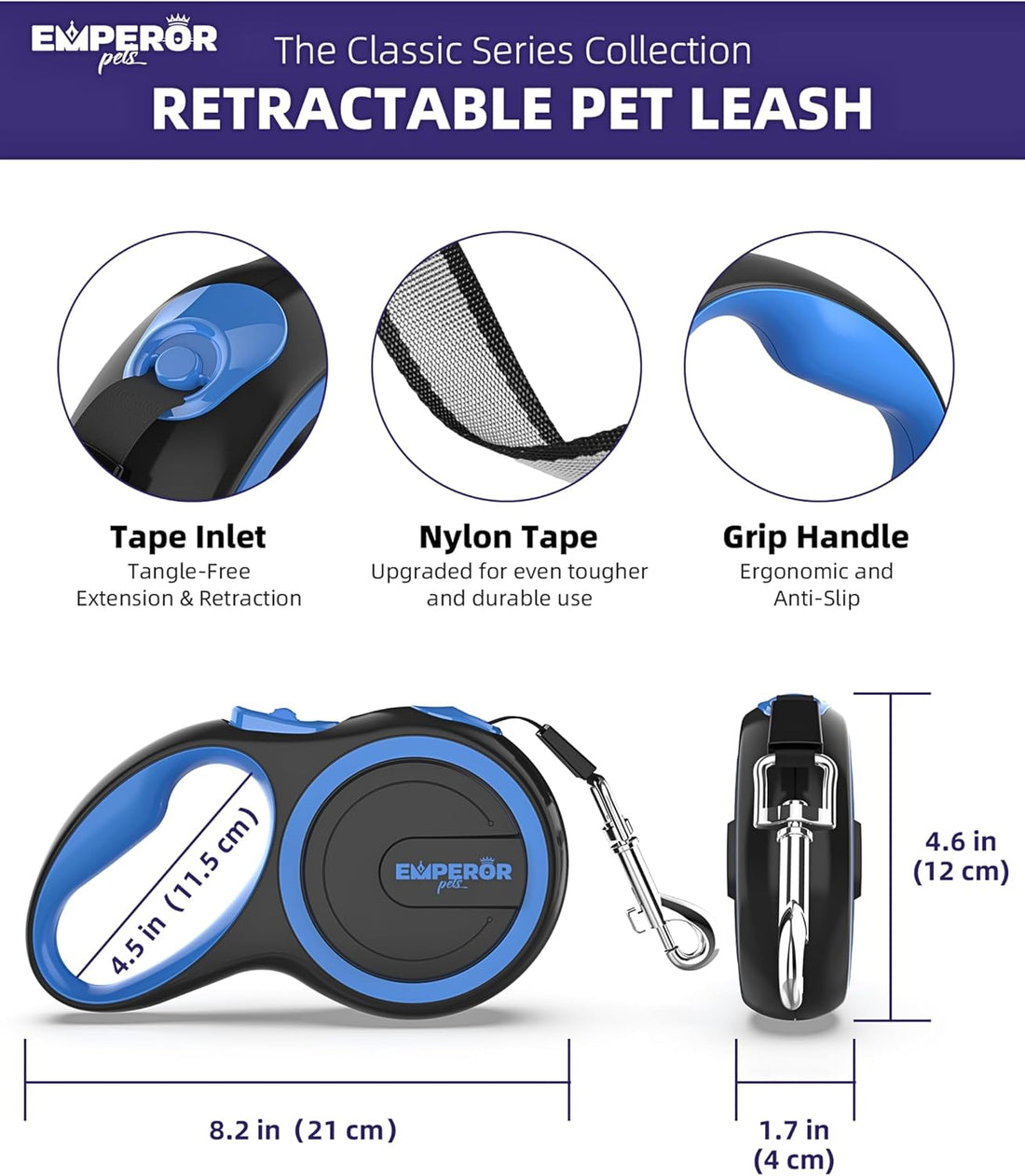 EMPEROR PETS 26.1 ft Retractable Dog Leash, for Dogs 10-110 lbs