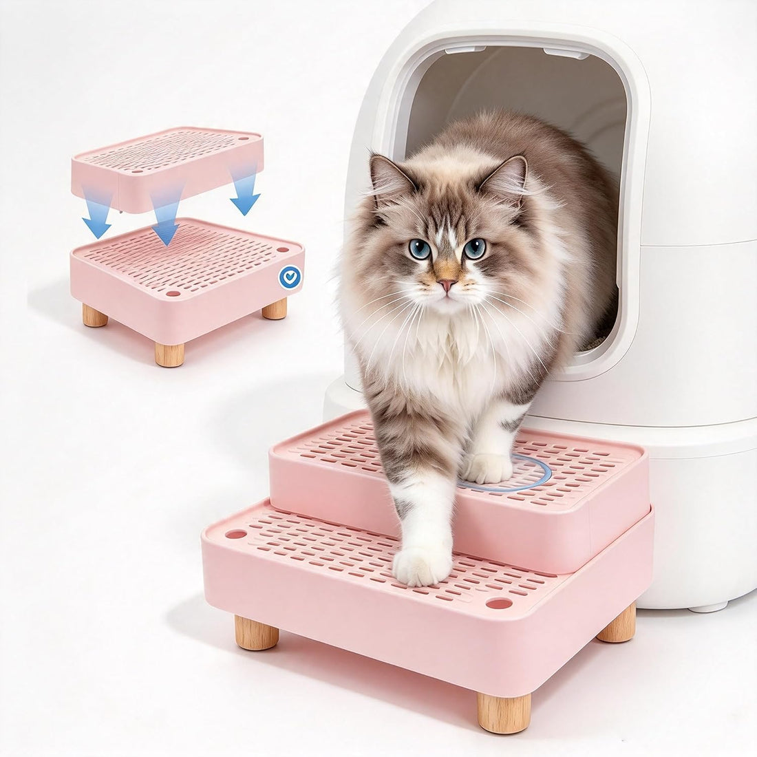 Litter Box Step Ramp Catcher with Wooden Base