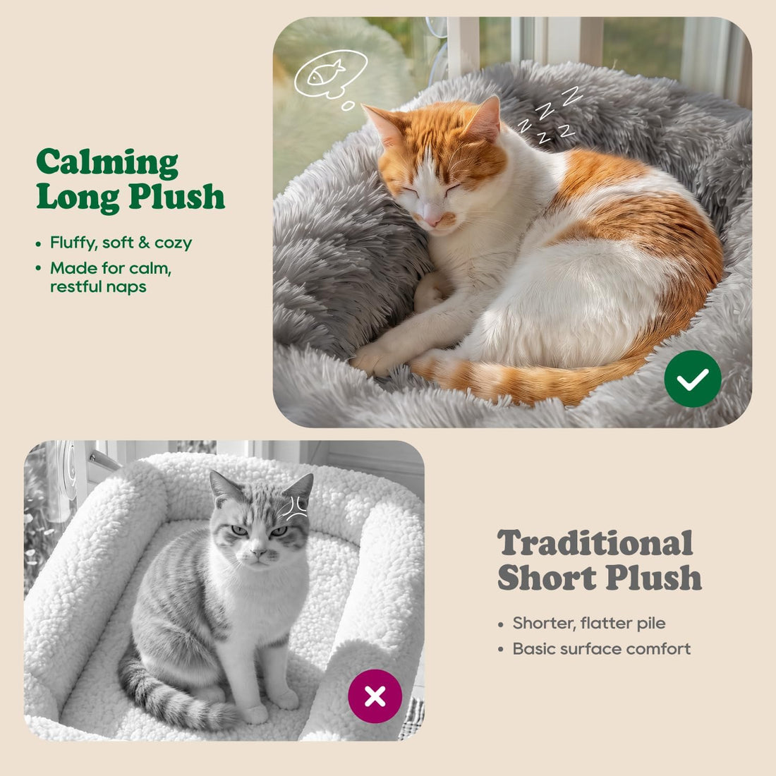 Zakkart Calming Foldable Cat Window Perch, Fluffy Long-Plush Bed