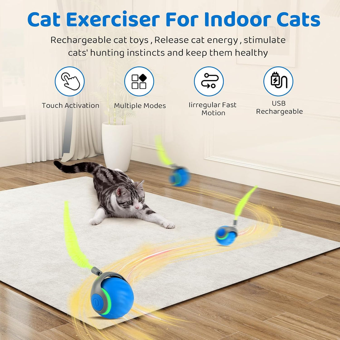 Interactive Cat Toys for Indoor Cats-Rechargeable Moving Cat Toy Ball