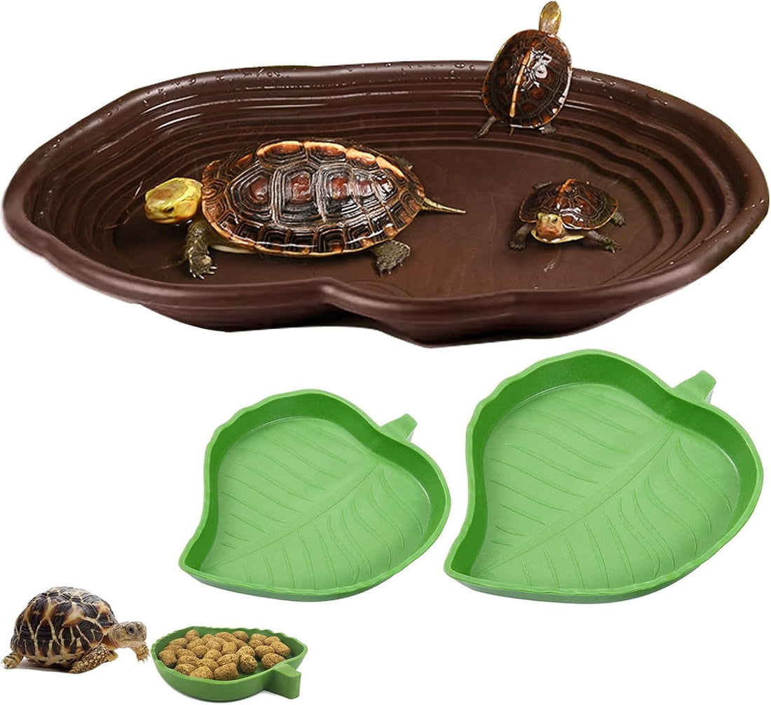 3PCS Tortoise Water Bowl with Ramp Leaf Tortoise Water Food Dish