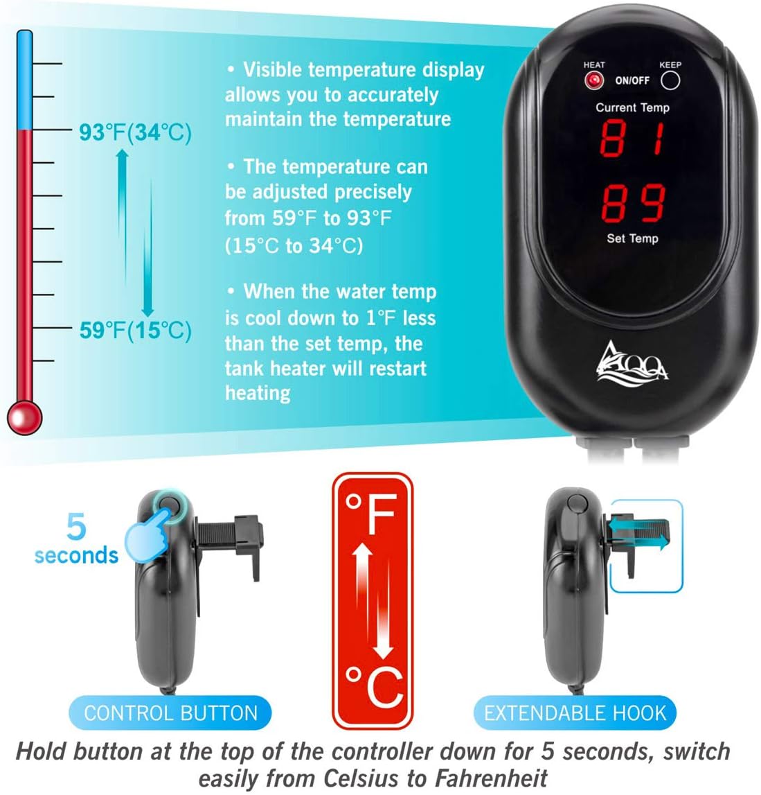 AQQA 1200W Submersible Aquarium Heater for Fish Tank 150-300 Gallon