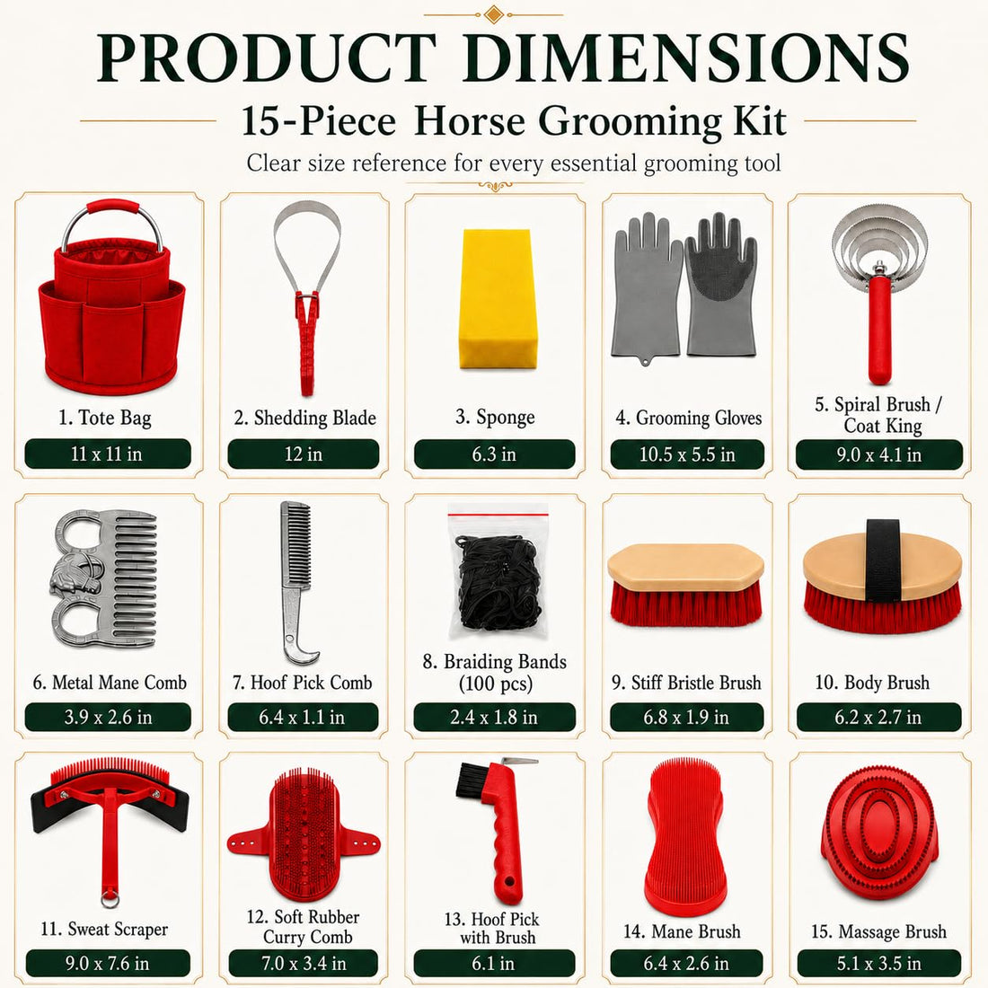 Horse Grooming Kit, 15-Piece Horse Brush Set with Red Tote Bag