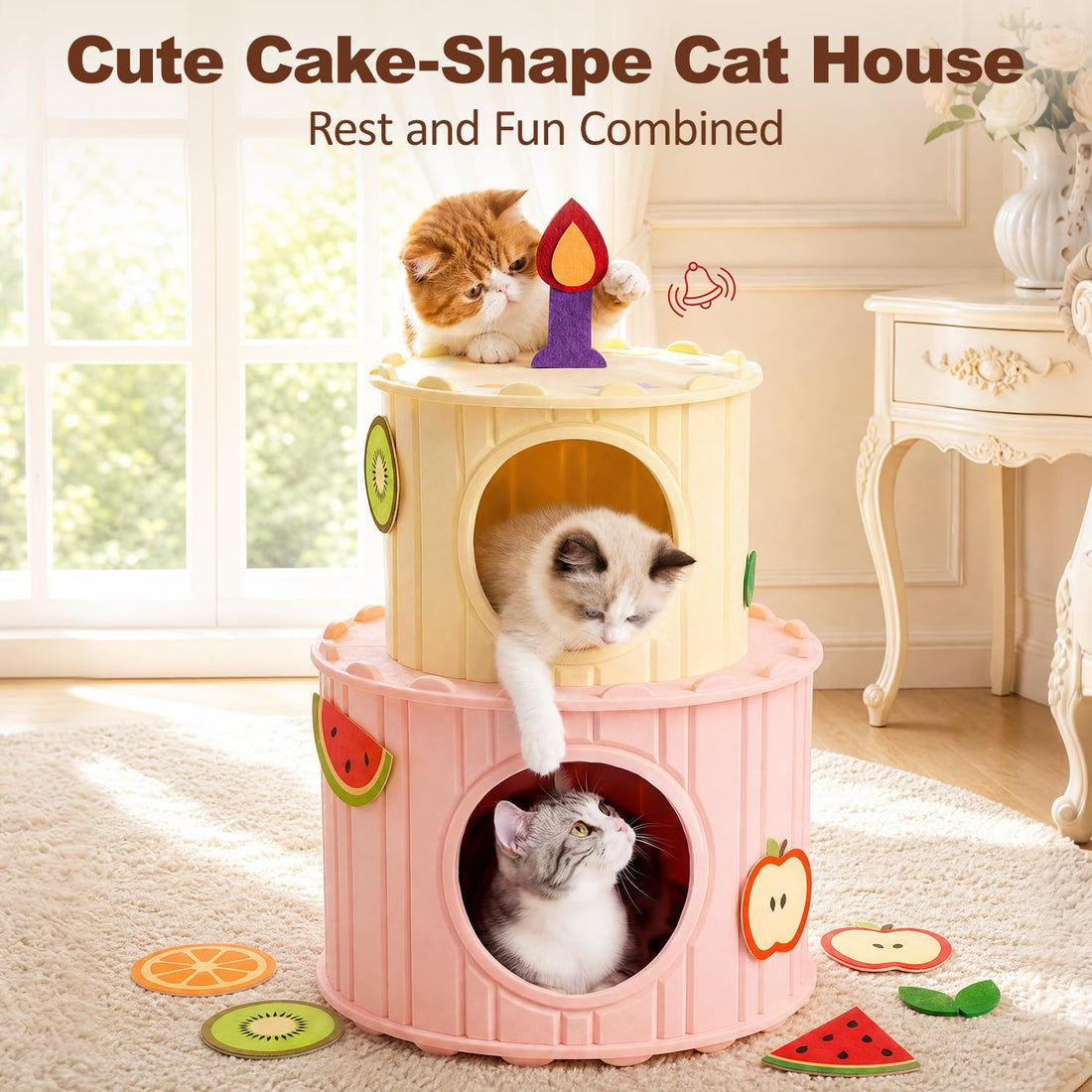 Cat Castle House for Indoor Cats, Felt Cat Cave with Fluffy Ball