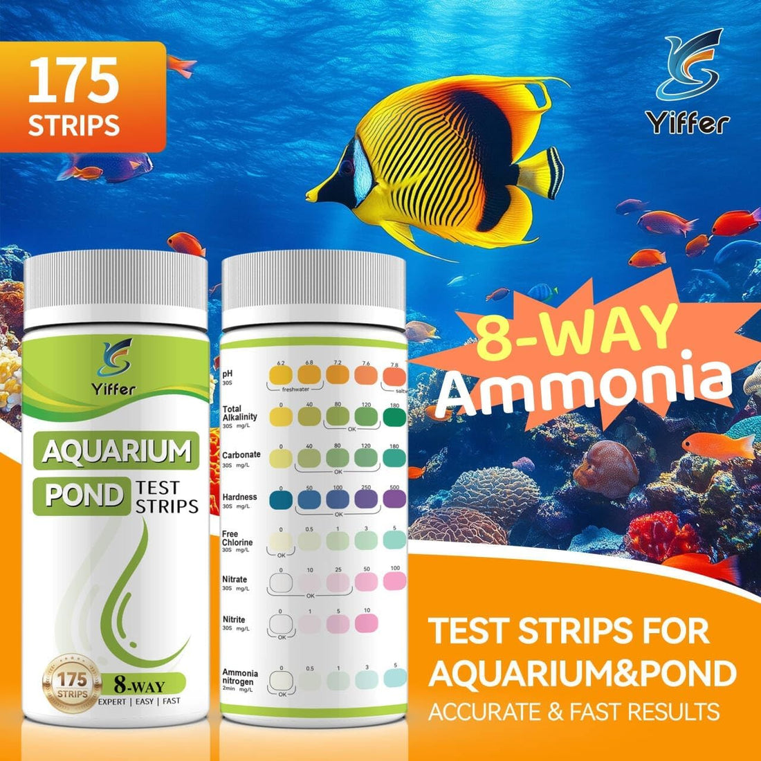 175-Count 8-Way Aquarium Test Strips with Ammonia-Fish Tanks&Ponds