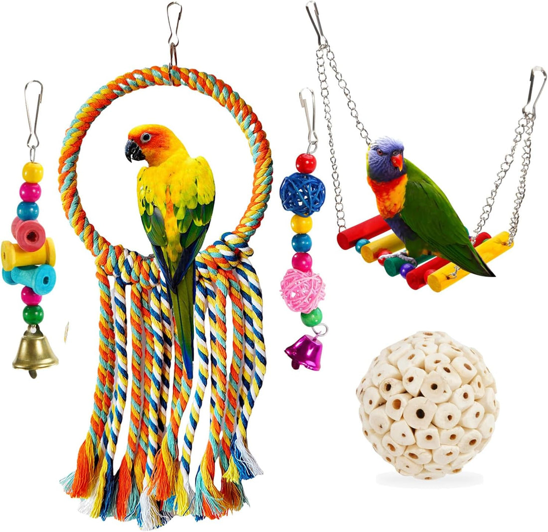 Natural Wood Bird Swing Toy with Hemp Rope Perch for Small Parrots