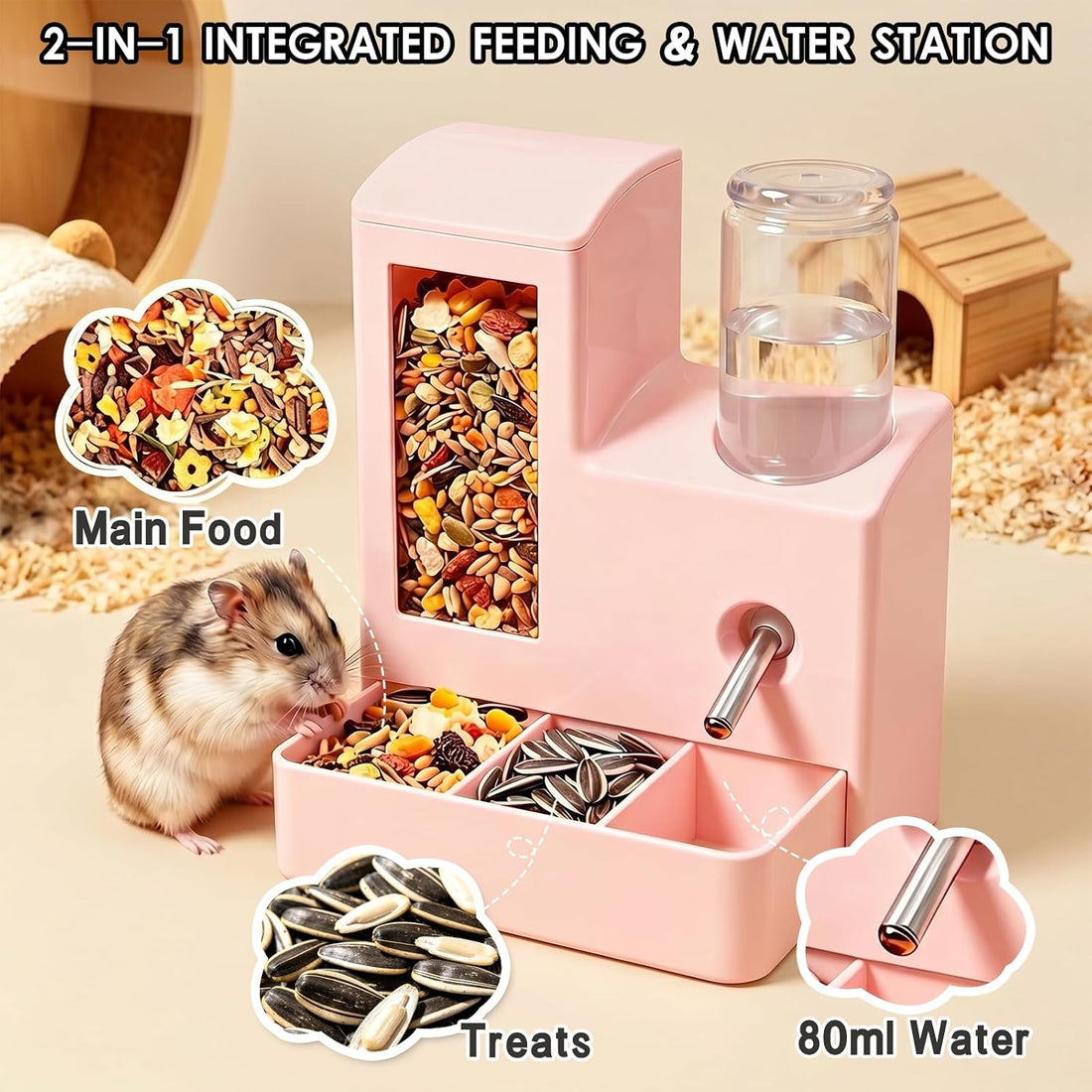 Hamster Water Bottle Feeder, No Drip 2-in-1 Dispenser