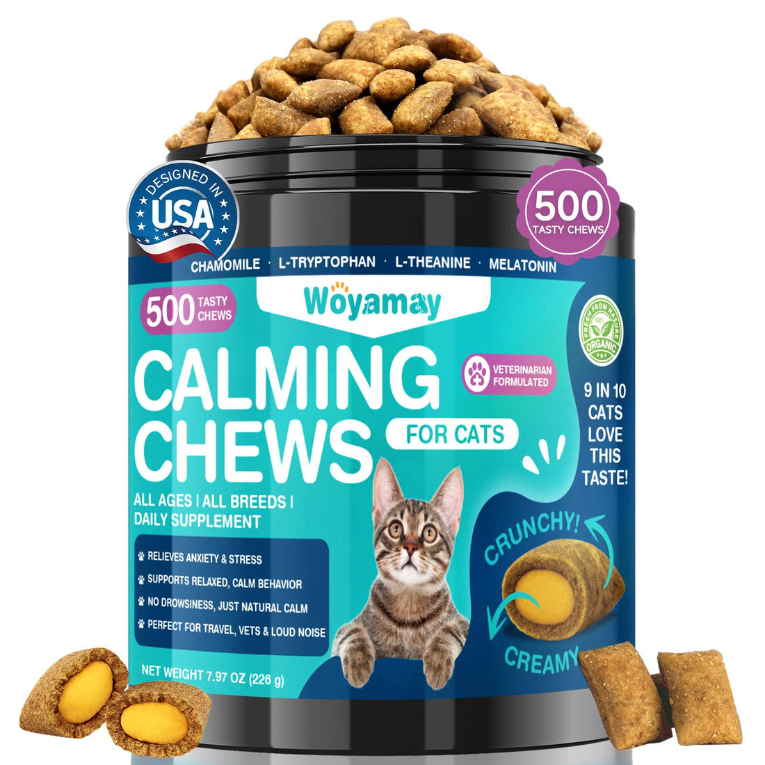 Woyamay Cat Calming Treats, 500 Crunchy & Creamy Calming Chews