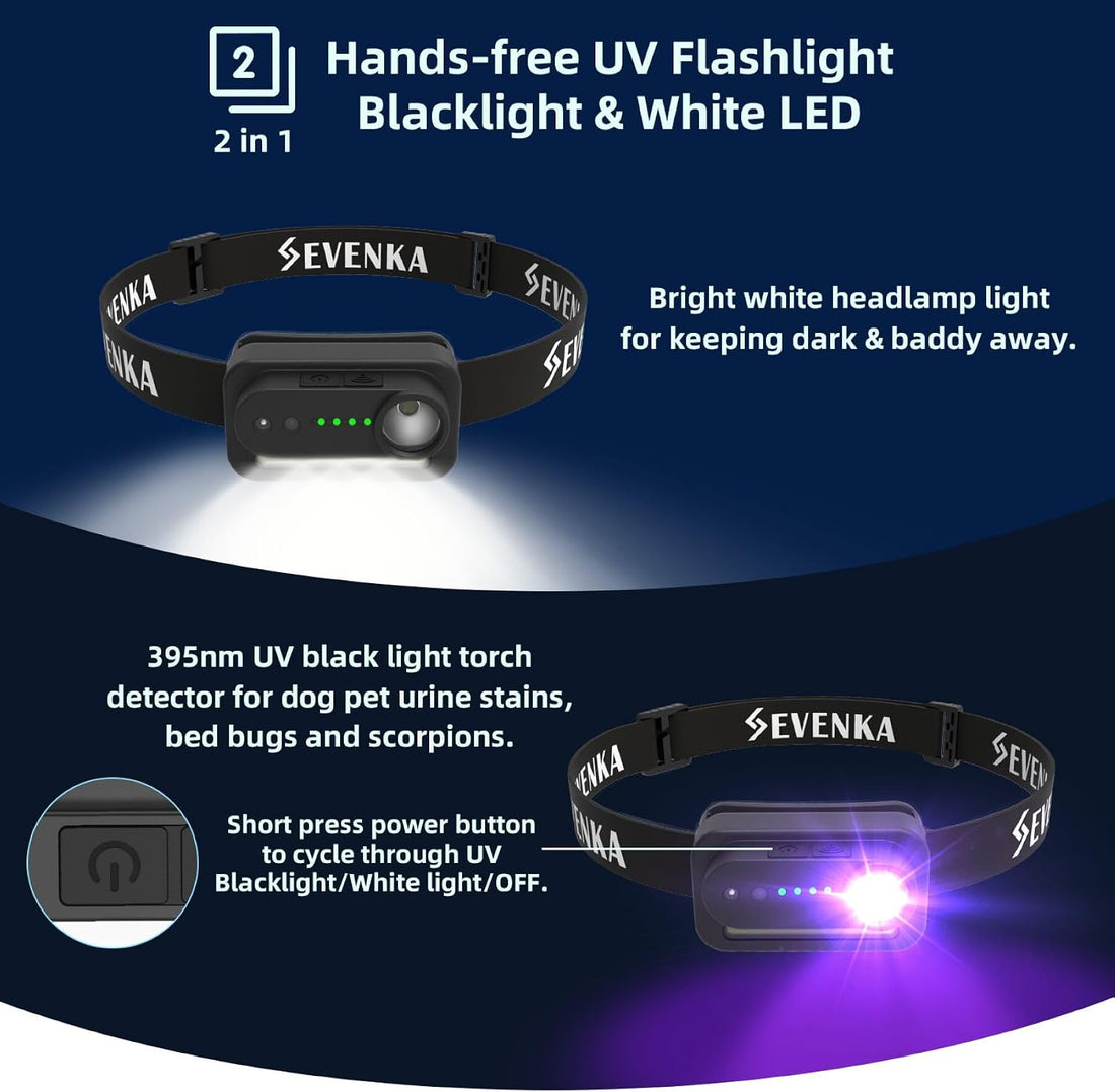 SEVENKA 2in1 UV Headlamp Flashlight Black Light & White Light