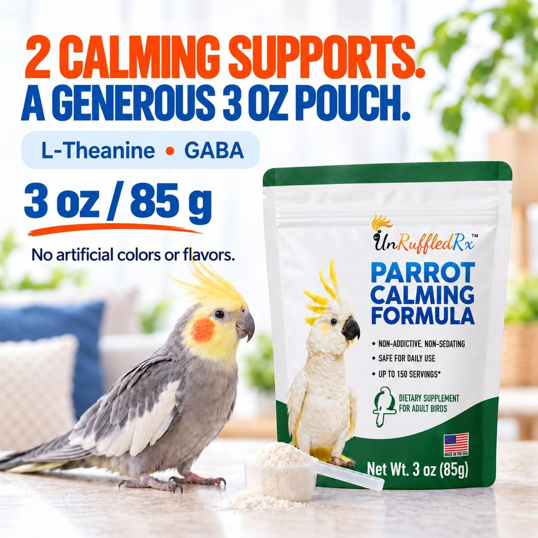 UnRuffledRx Bird Calming Supplement for Parrots | L-Theanine + GABA
