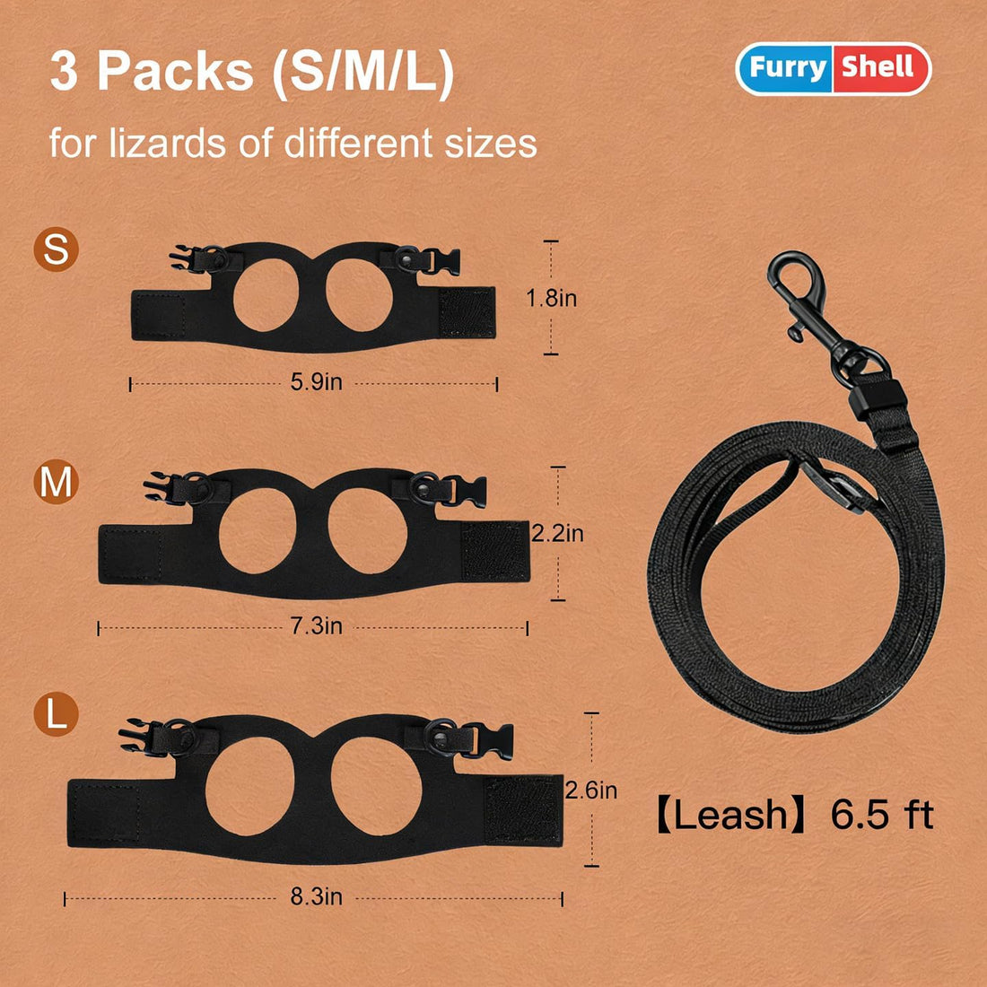 Bearded Dragon Harness & Leash Set, Escape-Proof, 3 Pack (S/M/L)，Black