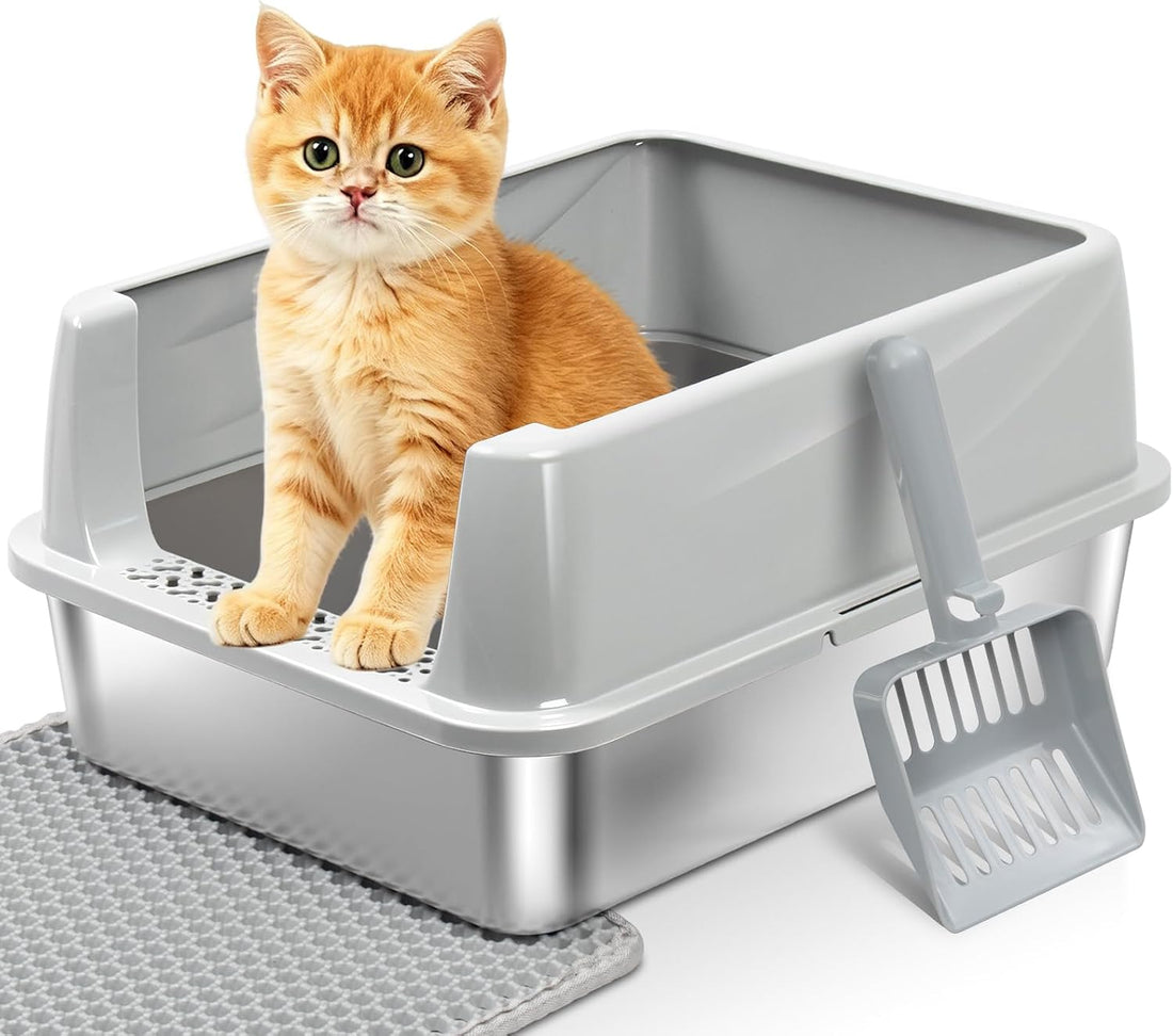 FUTAM Stainless Steel Litter Box with Lid, Metal Litter Box High Sides