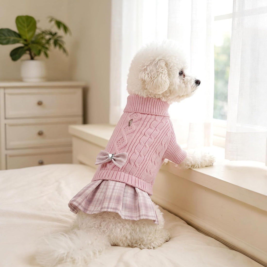 YUDODO Small Dog Sweater Dress with Bowtie Turtleneck Knitted Pet