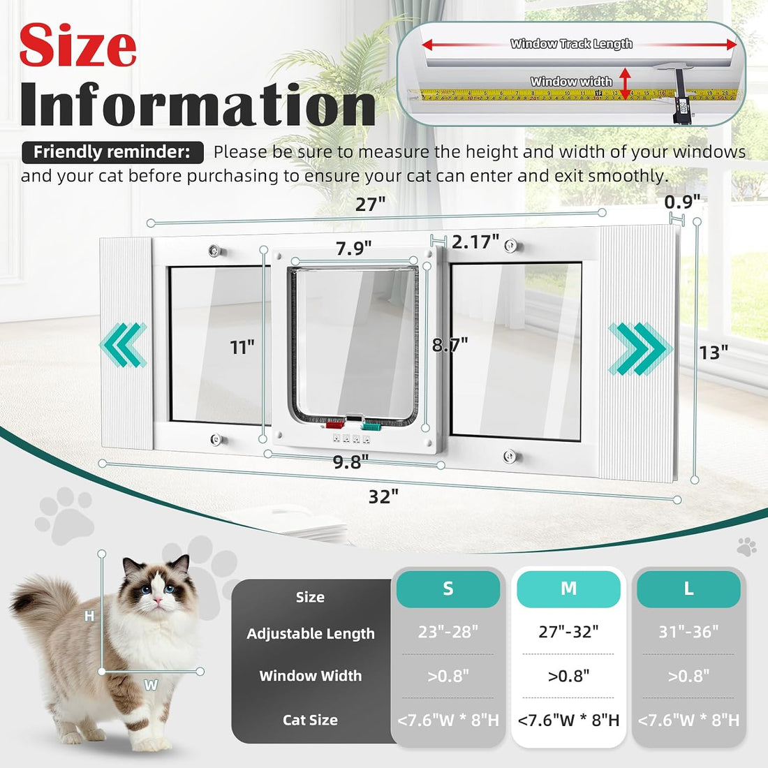 27"-32" Aluminum Cat Door for Winow No-Drill Rental-Friendly