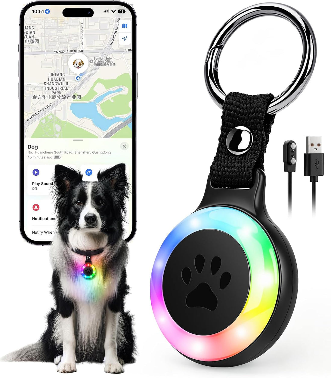 Pet Tracker for Dogs Cats, Location & LED Night Light Tag