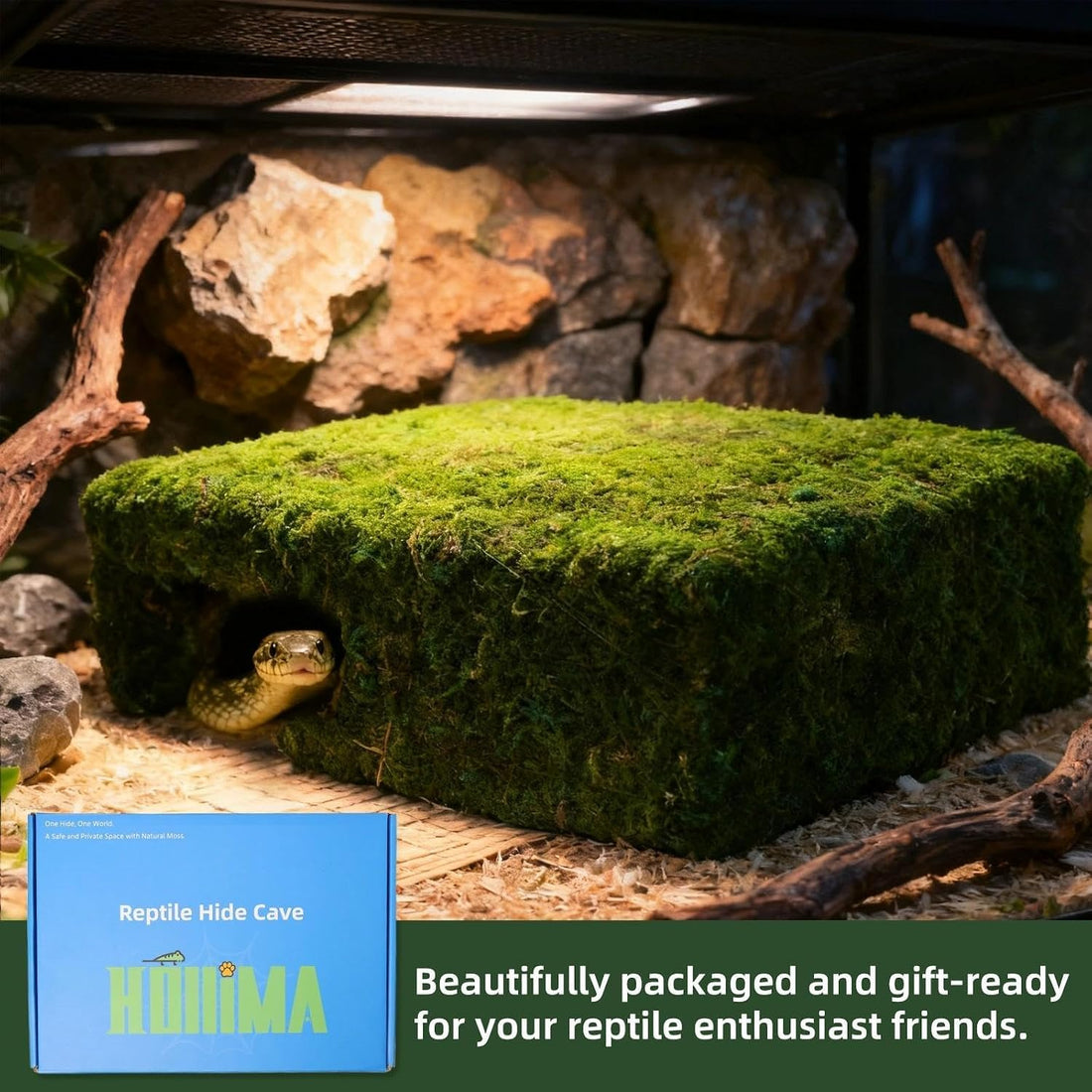 Mossy Cave Hide for Reptiles, Lizard Moss Hideout with Safe Shelter