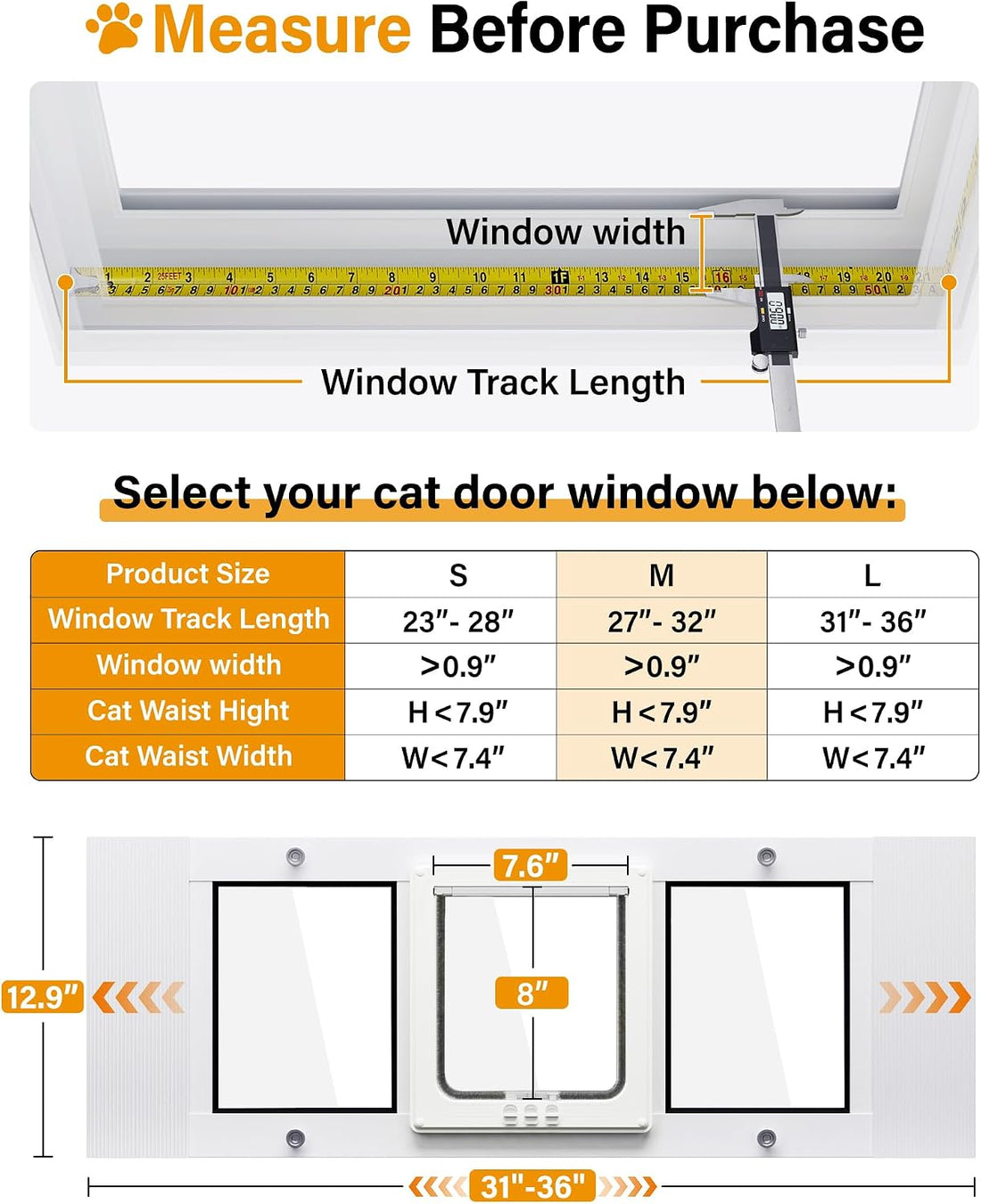 31"-36" Cat Door for Window, Flap Pet Door Fit Window Insert