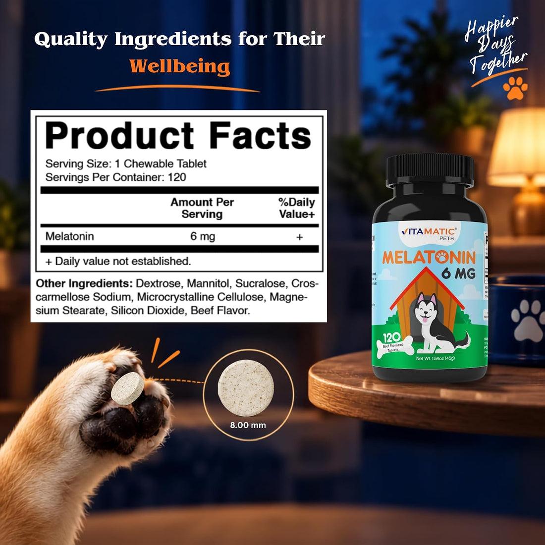 Vitamatic Pets Melatonin 6 mg Chewable Tablets for Dogs, 120 Count