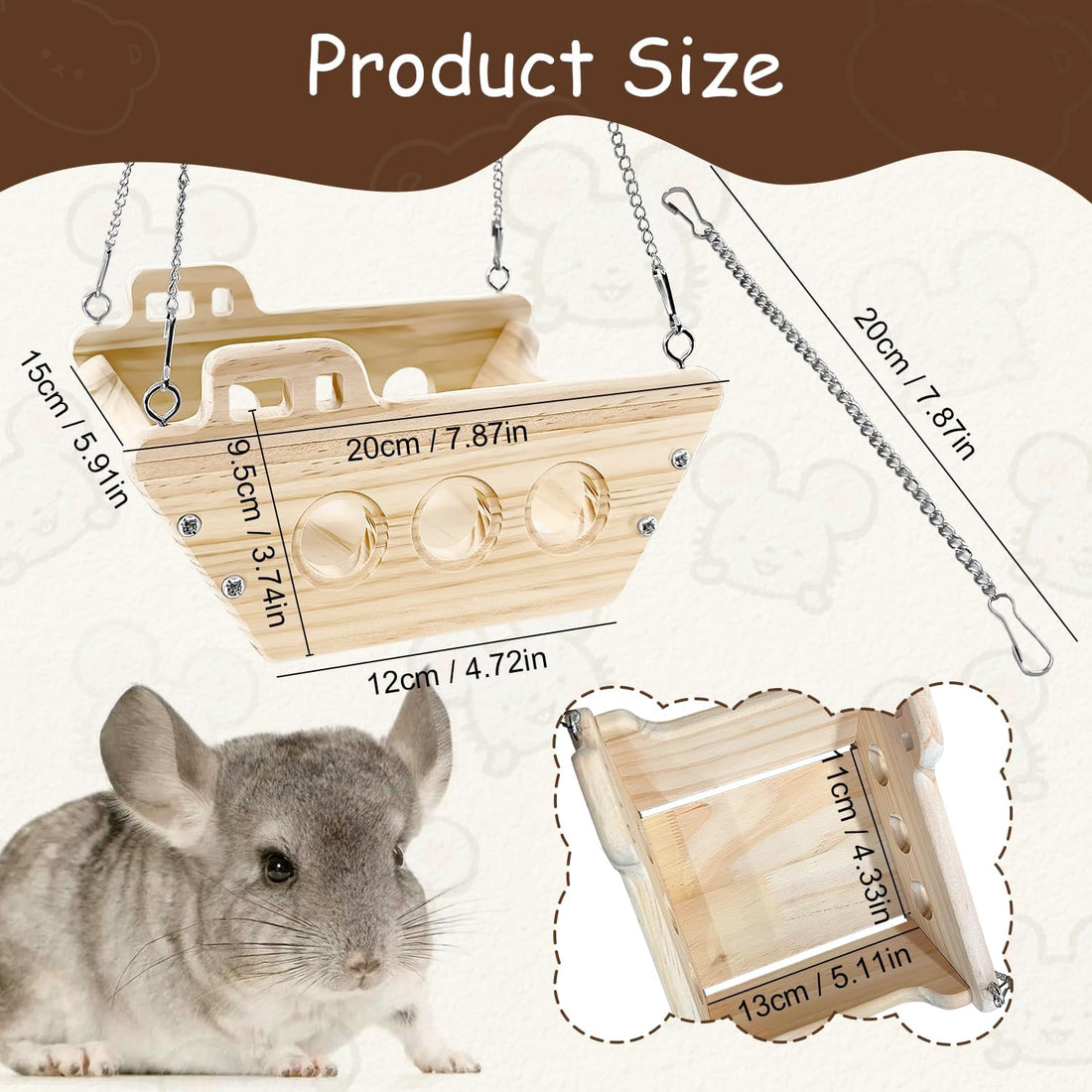 Natural Wood Chinchilla Toy Hammock for Cage Swing