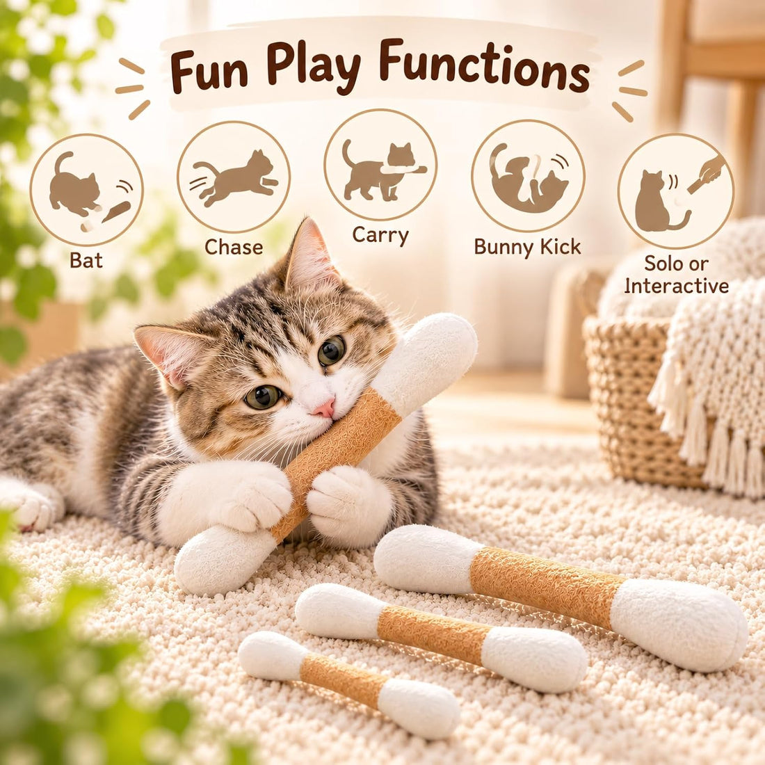 Cat Toys for Indoor Cats, Cotton Swab Cat Toy 3 Pack